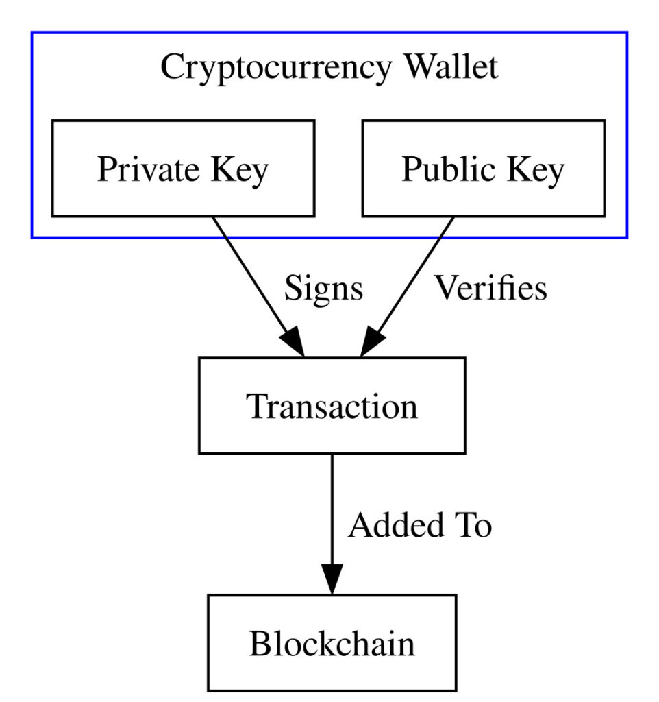 A diagram illustrating the concept of public and private keys in a cryptocurrency wallet.